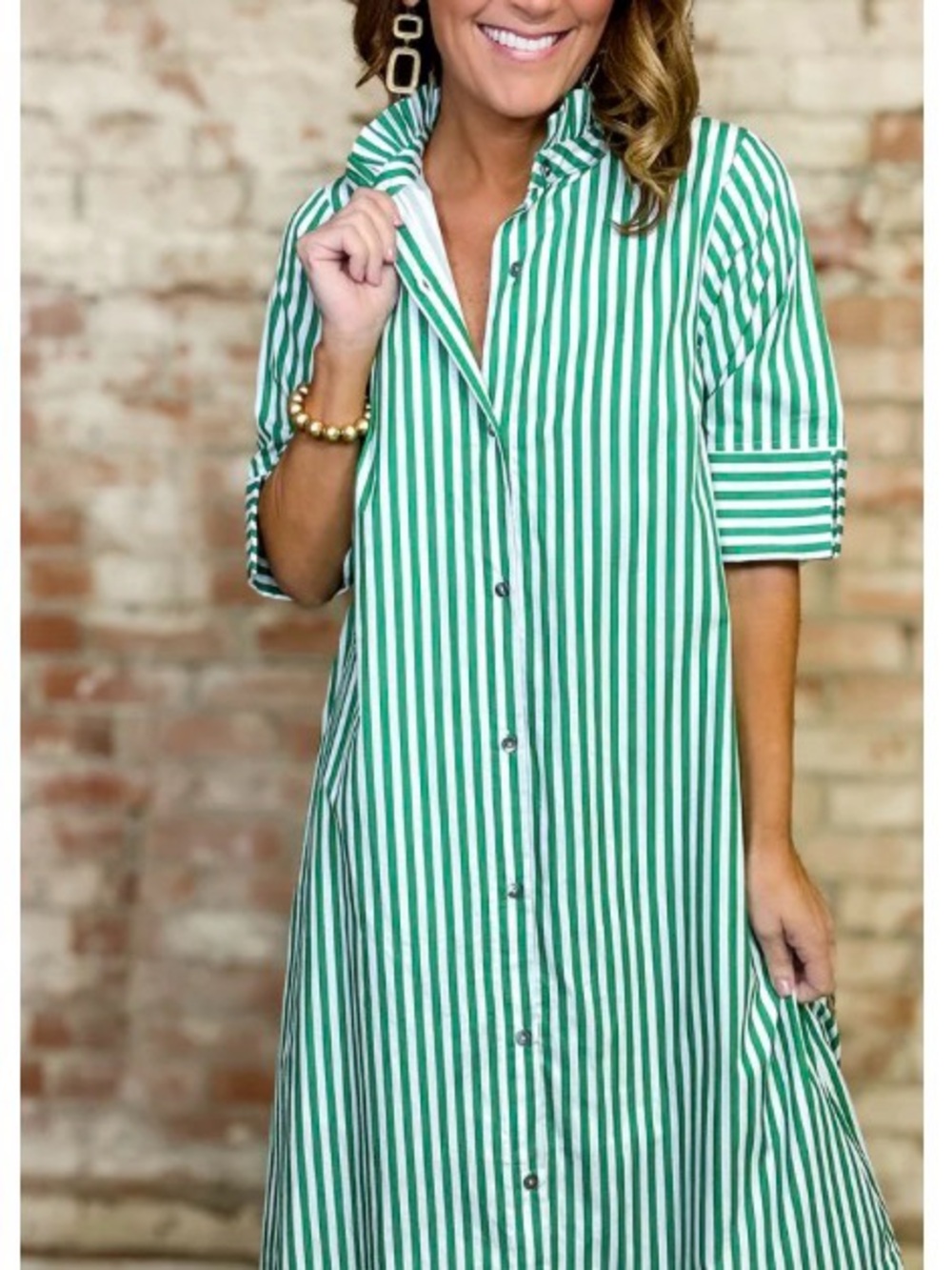 entro Green and White Striped Midi Shirt Dress